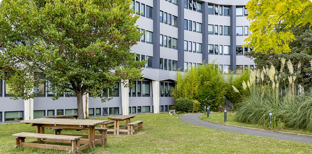 Vue du jardin extérieur du Trigone B’Coworker à Angers, avec tables en bois, pelouse et façade du bâtiment.